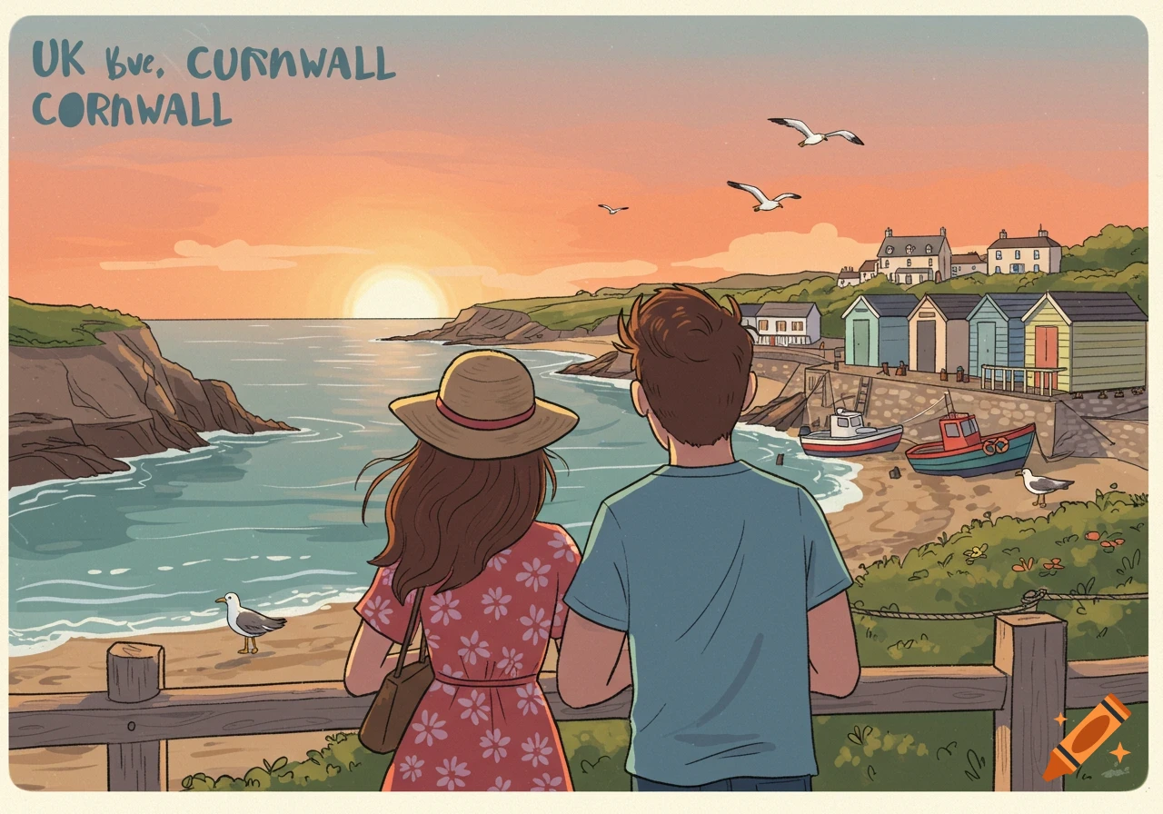 Cartoon couple views sunset over sea with beach huts and boats