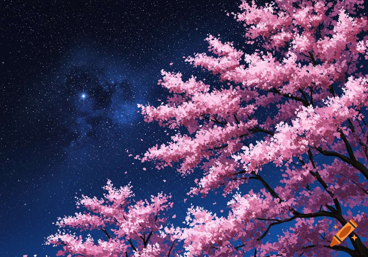 Pink cherry blossoms against a dark starry night sky