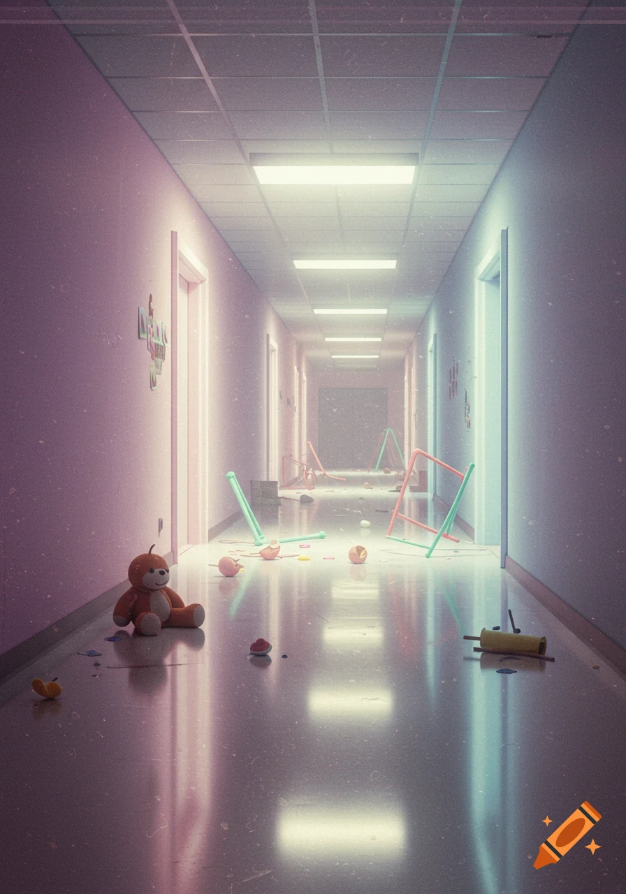 Eerie dreamcore image of an empty hallway with scattered toys and chairs.