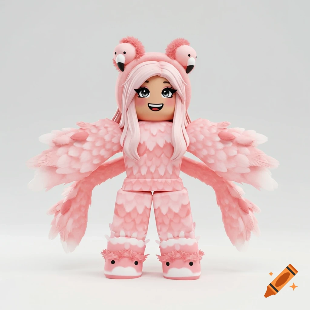 A 3D render of a Roblox-style avatar wearing a full pink flamingo costume with feathered wings and a hood with flamingo heads.