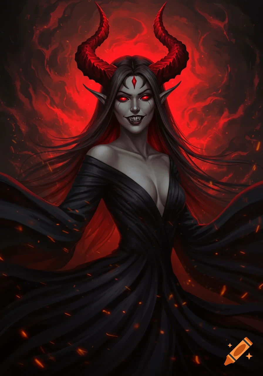 A portrait of a demoness with red horns and eyes in a black dress ...