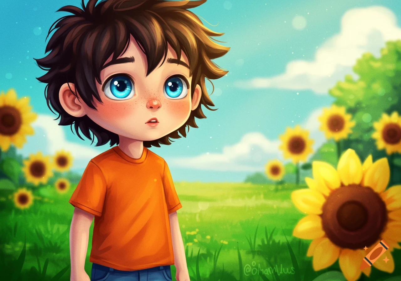 Illustration of a cartoon boy with big blue eyes standing in a field of sunflowers under a sunny sky.