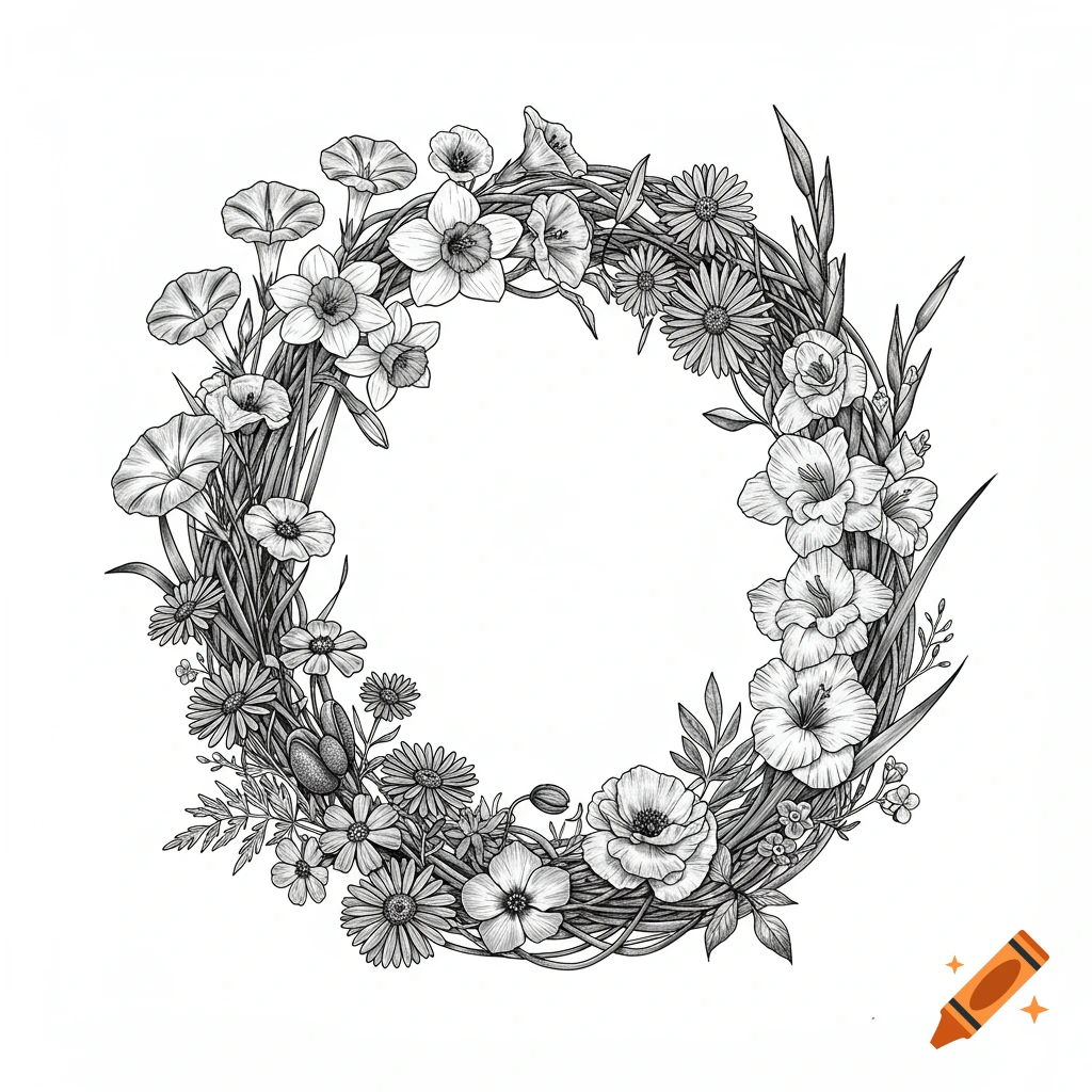 Black and white line drawing of a detailed floral wreath made of various flowers and vines.