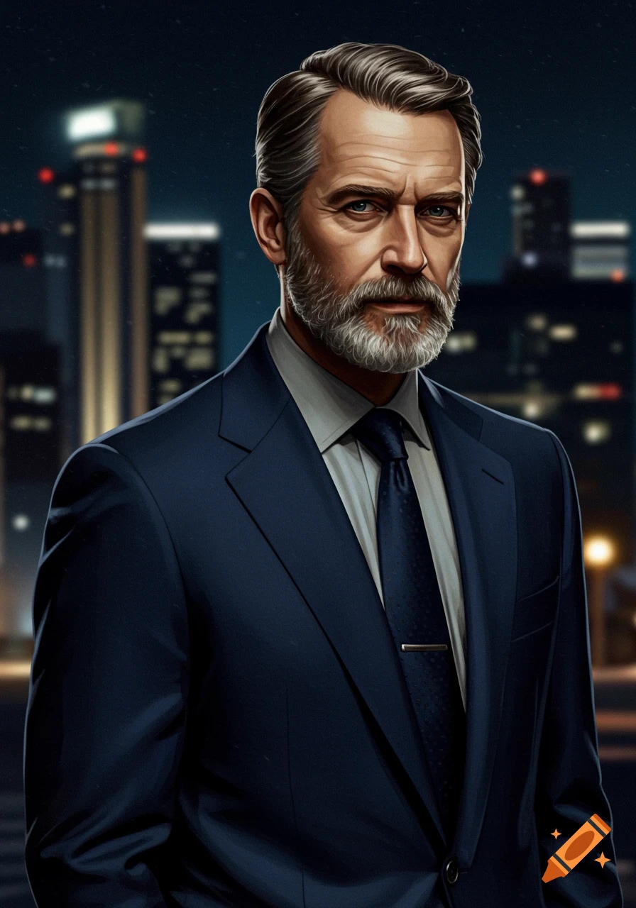 Portrait of a distinguished man in a dark suit against a city lights background.