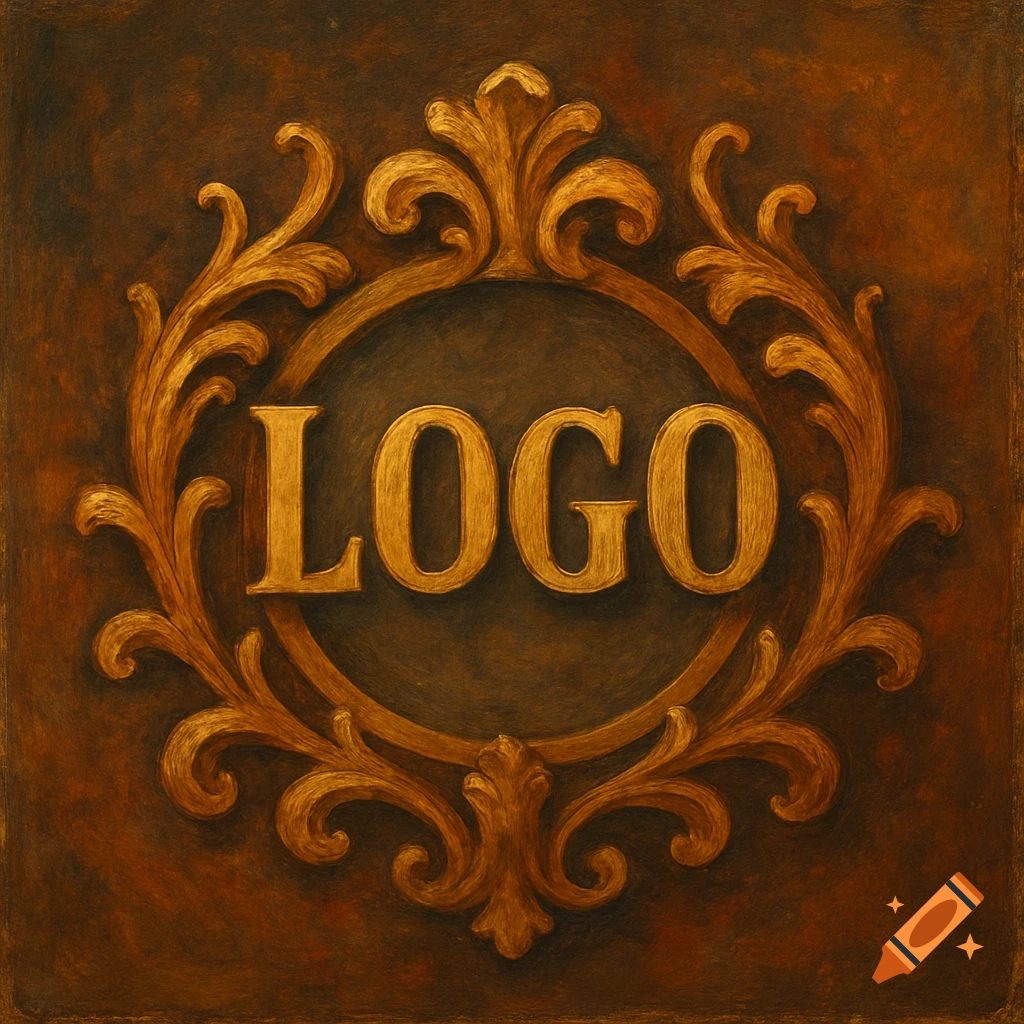 Ornate golden logo design with decorative frame