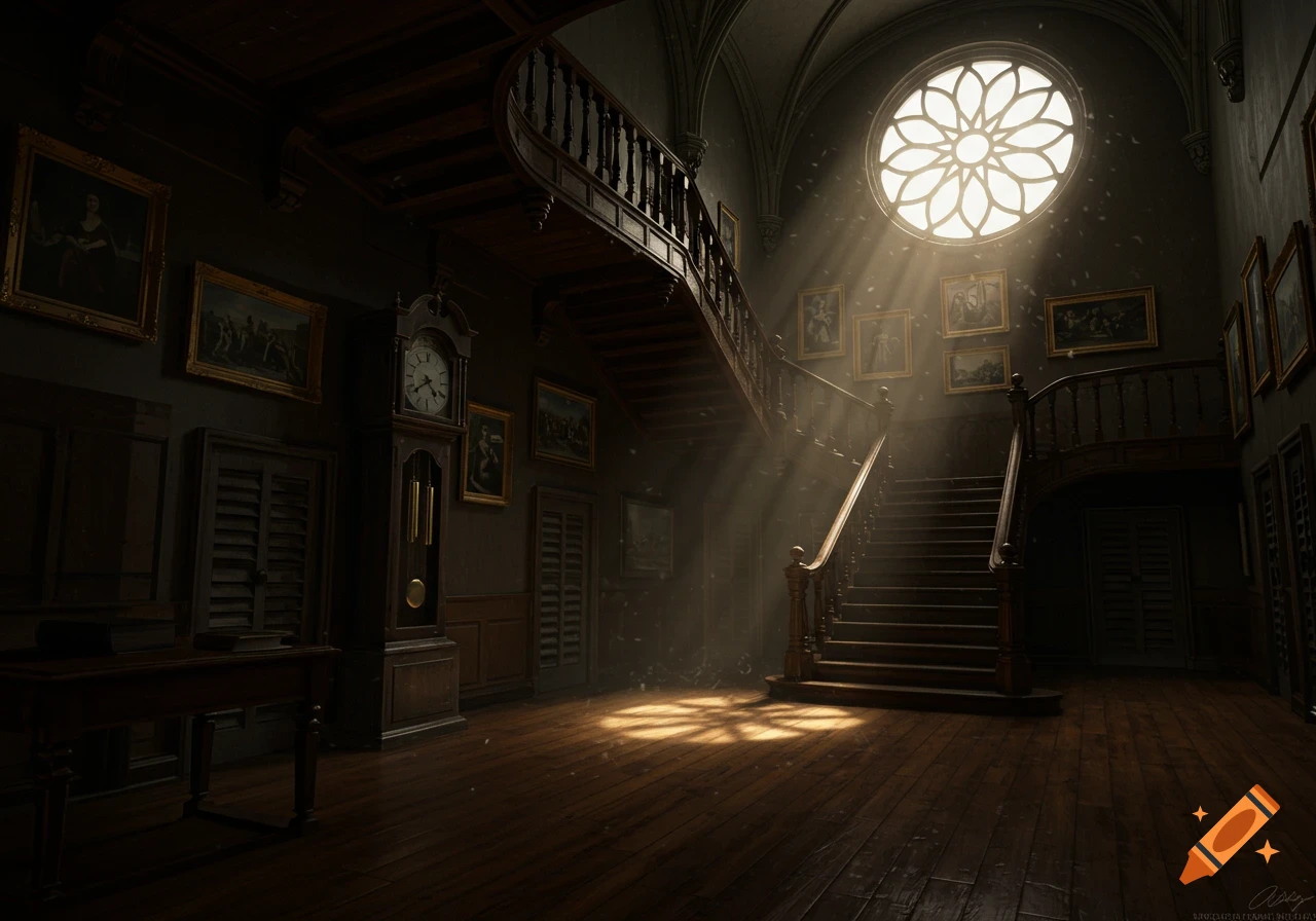 Dark academia foyer with grand staircase, grandfather clock, framed paintings, and light filtering through a large circular window.