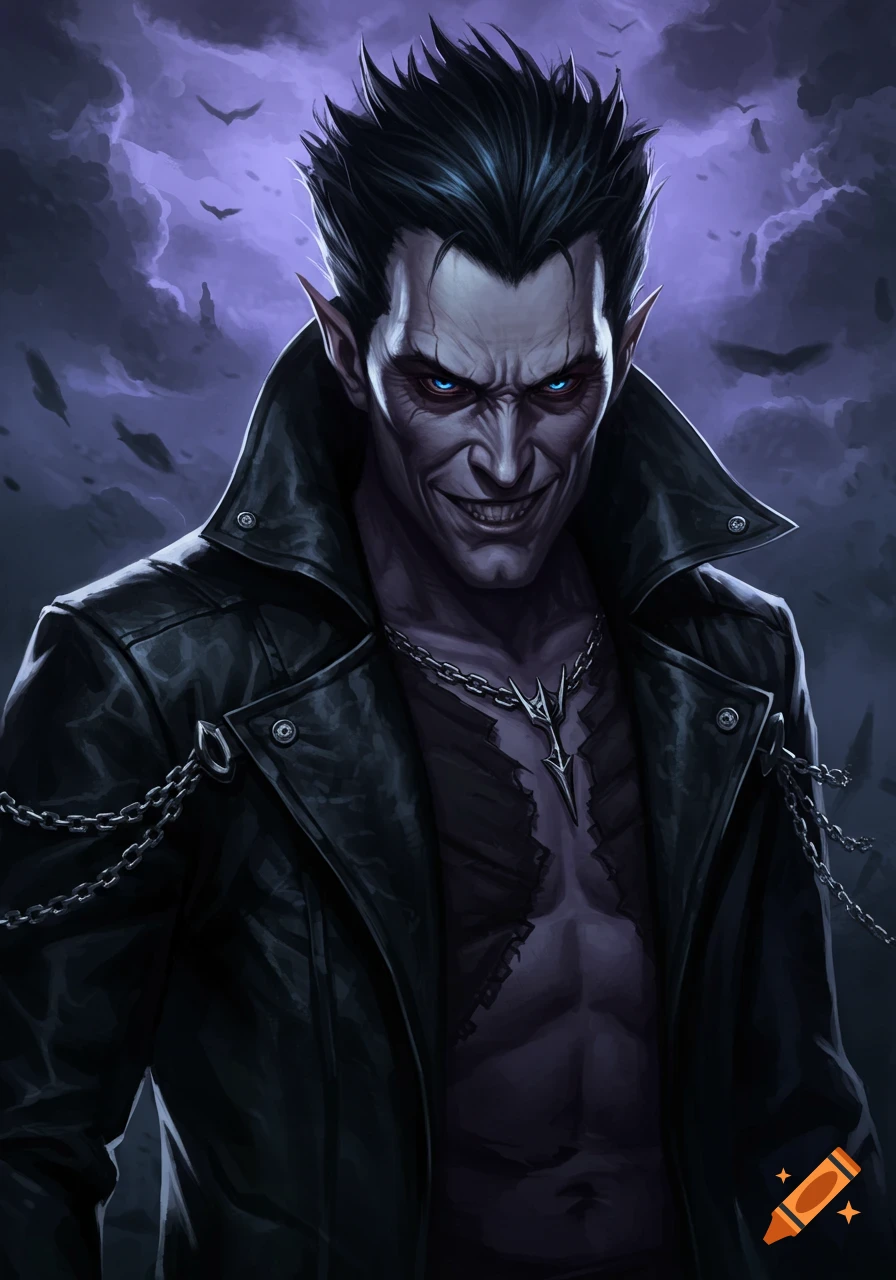 A stylized portrait of a menacing male character with sharp teeth, pointed ears, and glowing eyes, wearing a leather coat.