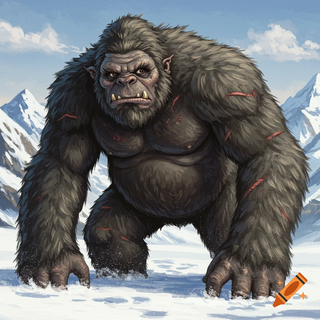 An illustration of a large, grey, ape-like yeti monster standing in the snow with mountains behind it.