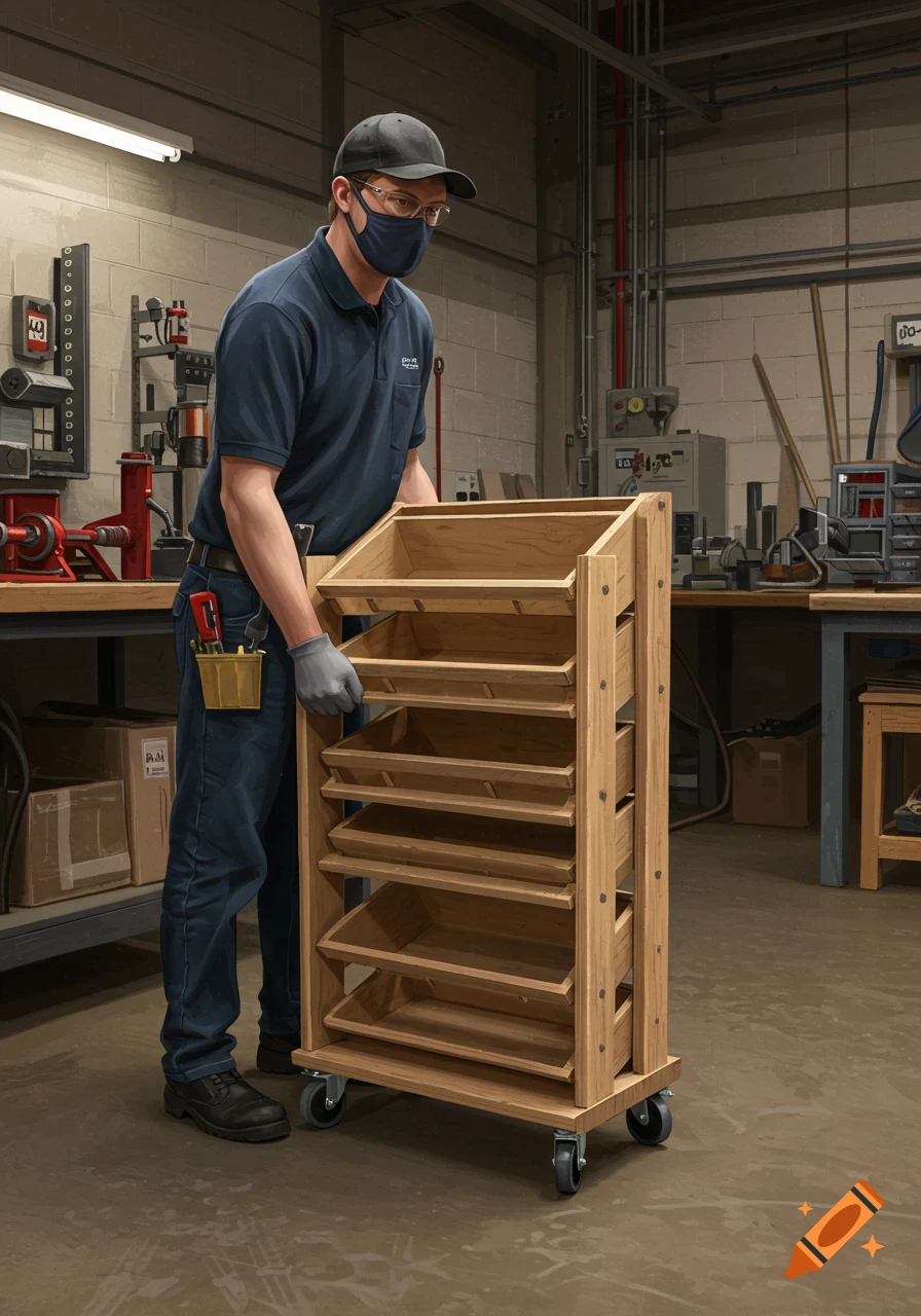 Painting of a man in a workshop moving a wooden rack.