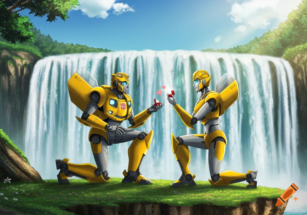 Bumblebee proposes to Goldbug near a waterfall in an anime style.
