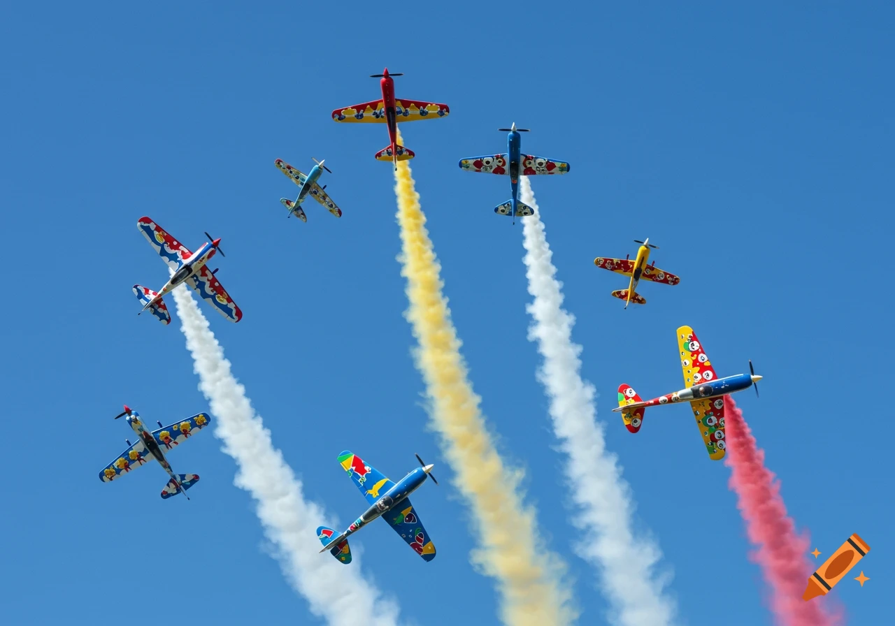 Colorful airplanes fly in formation with red, yellow, and white smoke trails against a blue sky.