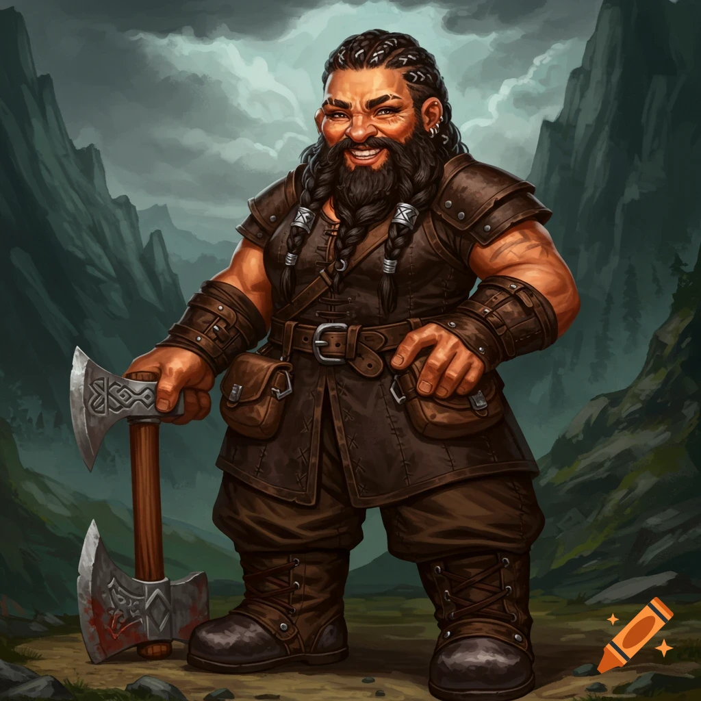Bearded dwarf woman holding an axe in a mountainous landscape.