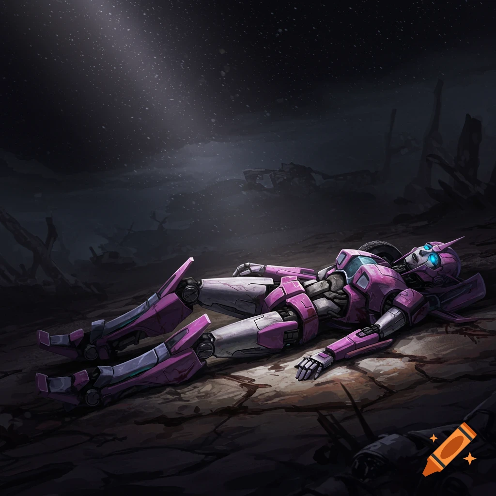 A damaged pink and white robot lies on the ground in a dark, ruined landscape.