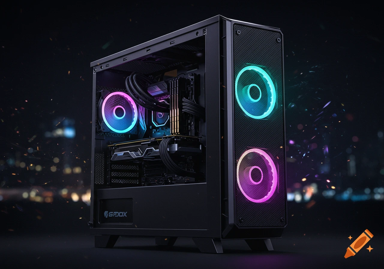 A black gaming computer case with RGB fans glowing pink and blue in a dark setting.