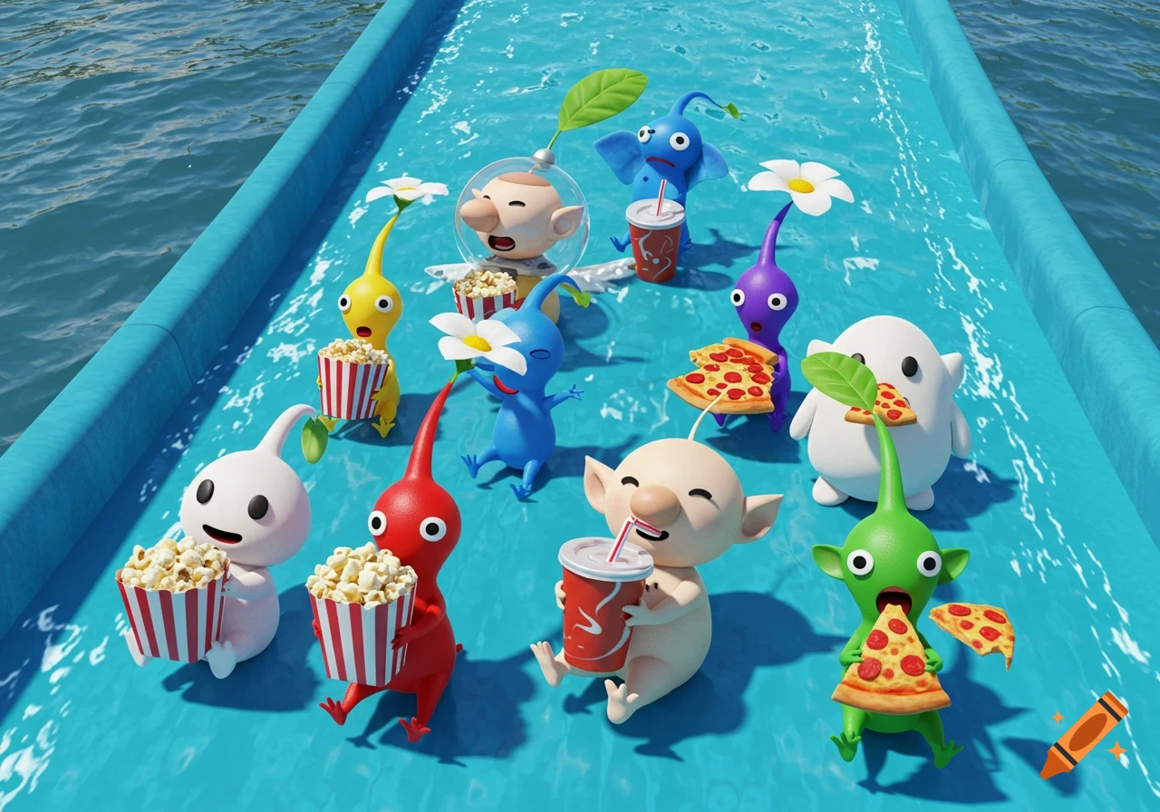 Pikmin characters eat popcorn and pizza on a blue surface resembling a water slide, 3D cartoon style.