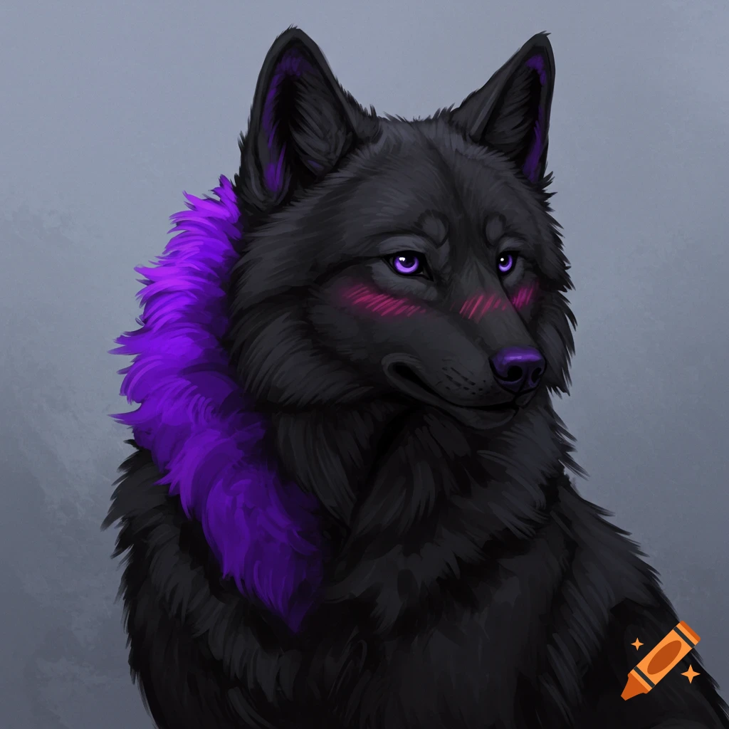 A digital painting portrait of a blushing black wolf with purple neck and ear fur and purple eyes.