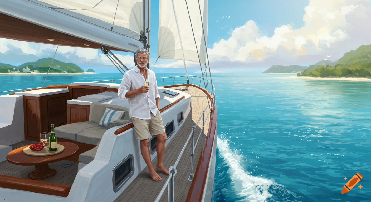 Painting of a man standing on a yacht in the ocean holding a drink.