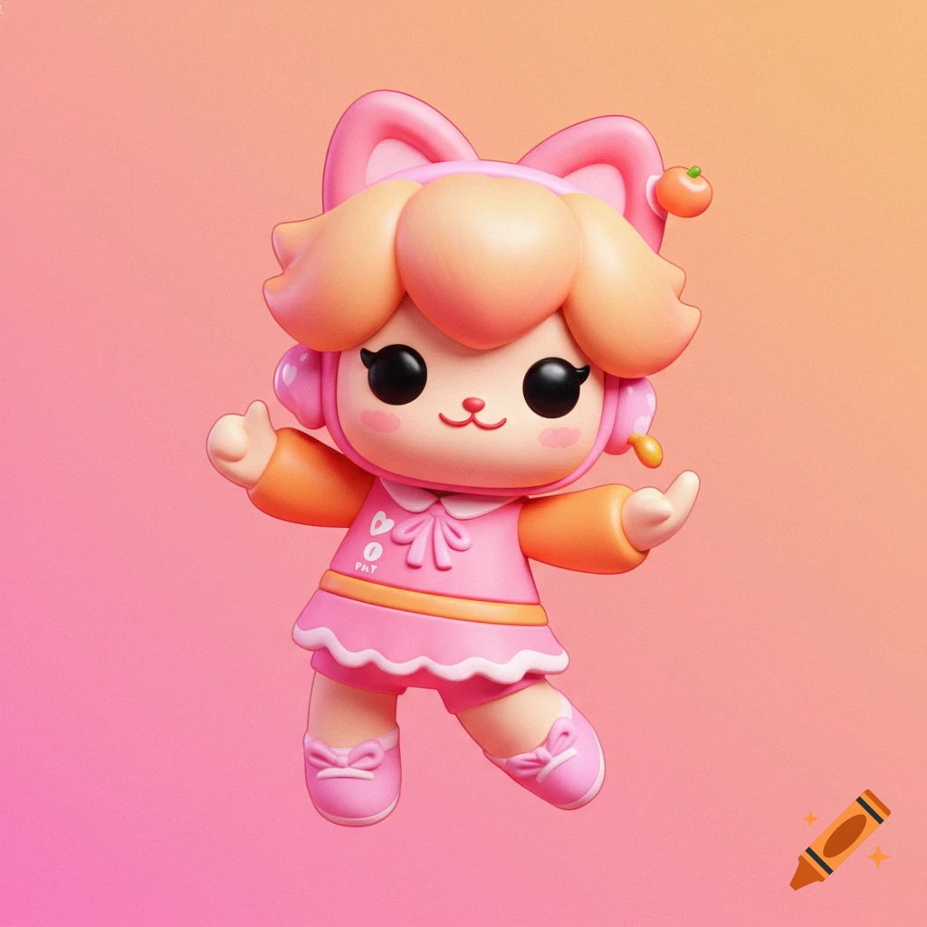 A cute pink cat-like character figurine wearing headphones and a dress.