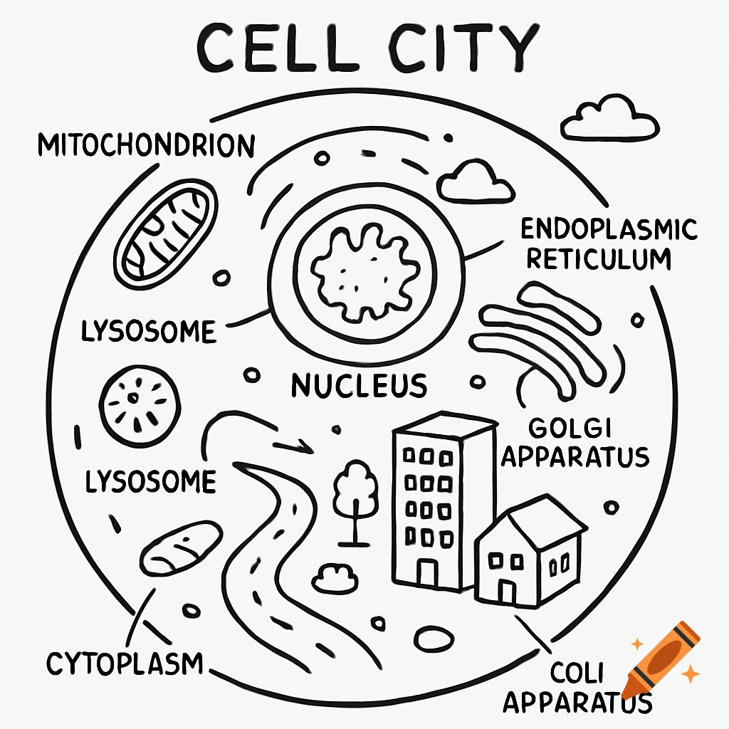 Black and white diagram of a cell city with labelled organelles like nucleus, mitochondrion, lysosome, and golgi apparatus.