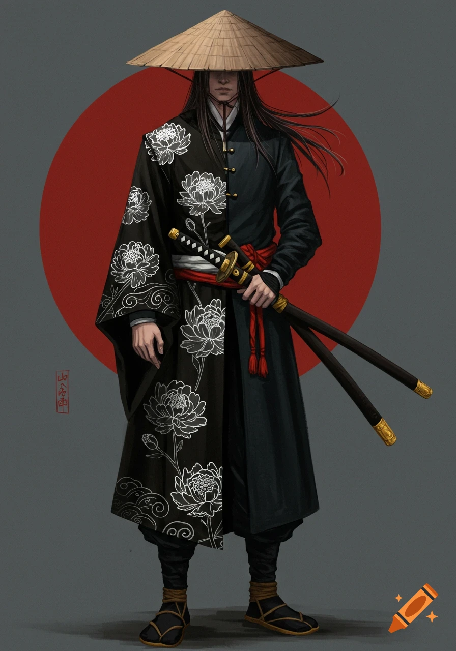 A Japanese man in a conical hat and black cloak with white flowers holds two katanas in front of a red circle.