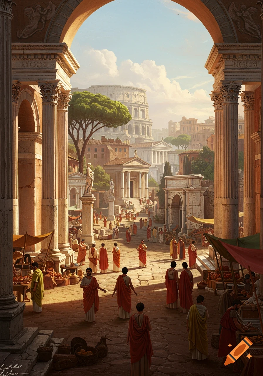 Busy marketplace in ancient Rome with people, columns, arches, and the Colosseum in the background.