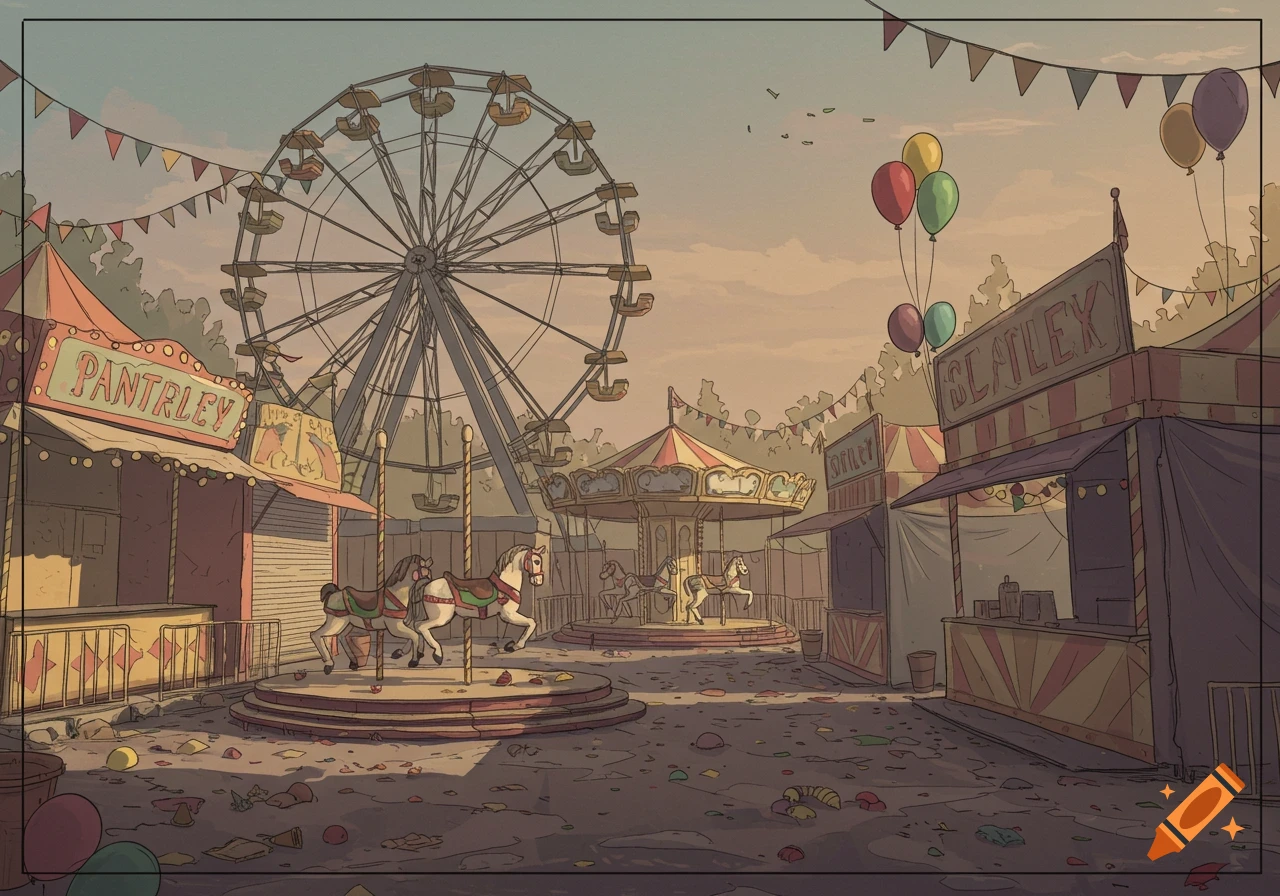 Illustration of an abandoned carnival with a Ferris wheel and carousel at dusk, trash on the ground.