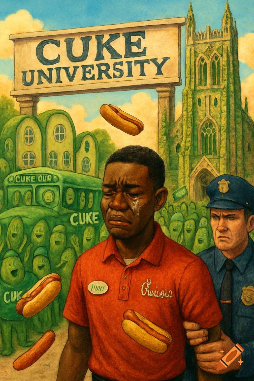 A crying man in a red uniform is led by a police officer past 'Cuke University' sign and anthropomorphic cucumbers.