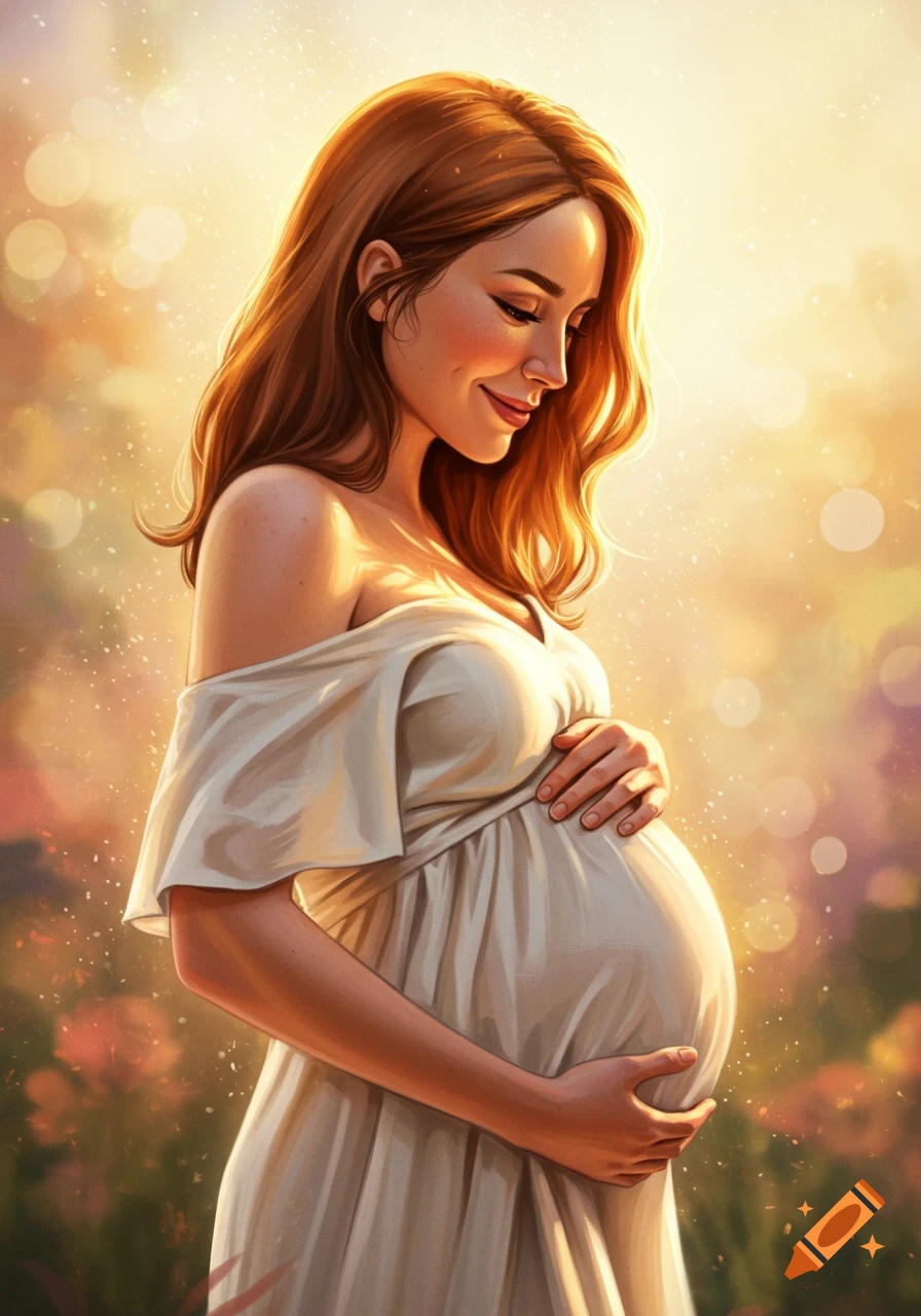 A pregnant woman in a white dress holds her belly, smiling in warm sunlight.