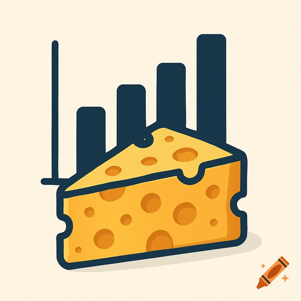 Cartoon illustration of a slice of swiss cheese in front of a bar chart