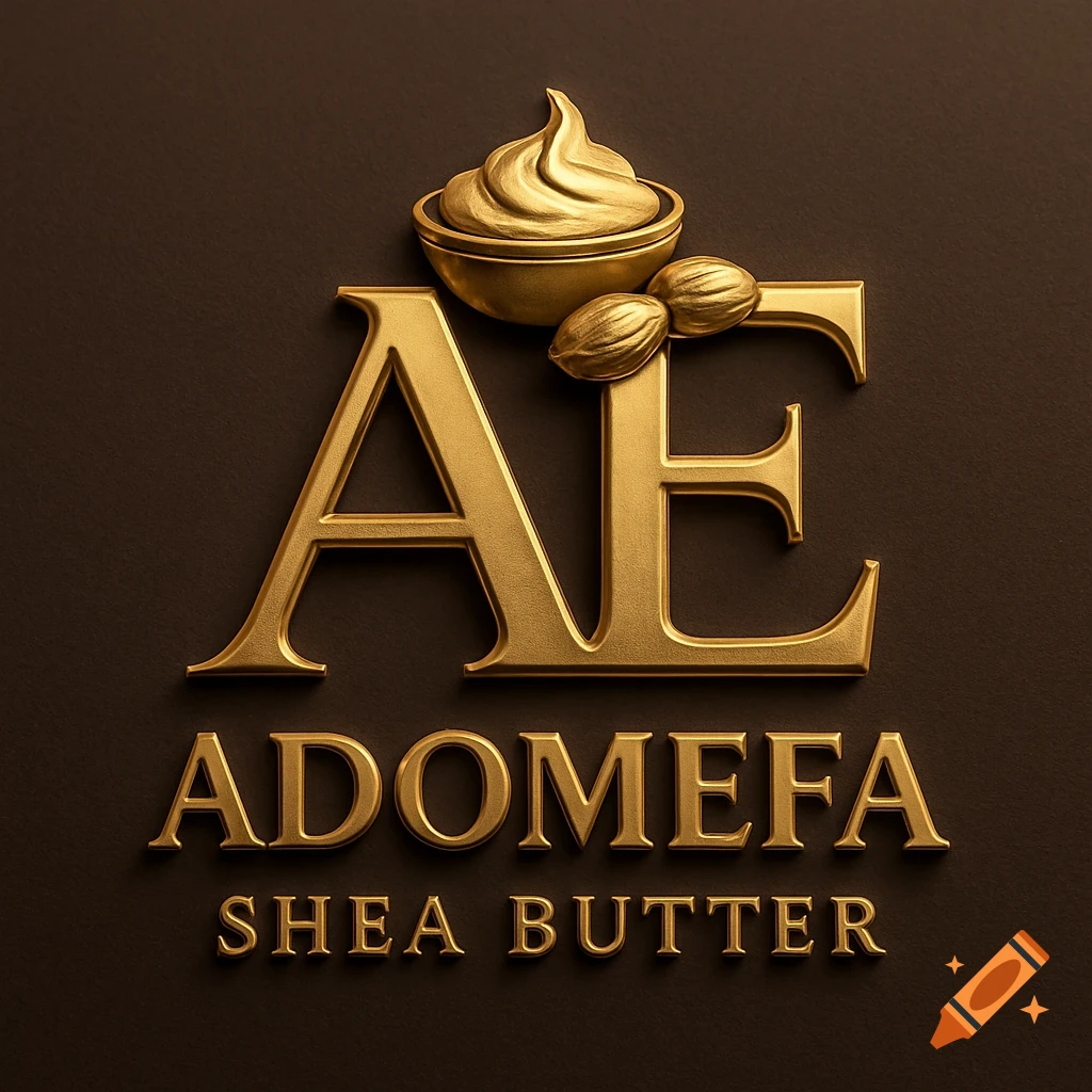 Golden AE logo with a bowl of cream and shea nuts, text below reads 'ADOMEFA SHEA BUTTER'.