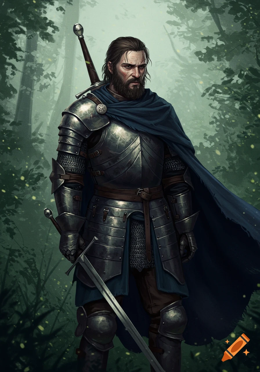 A knight in dark armor stands in a forest