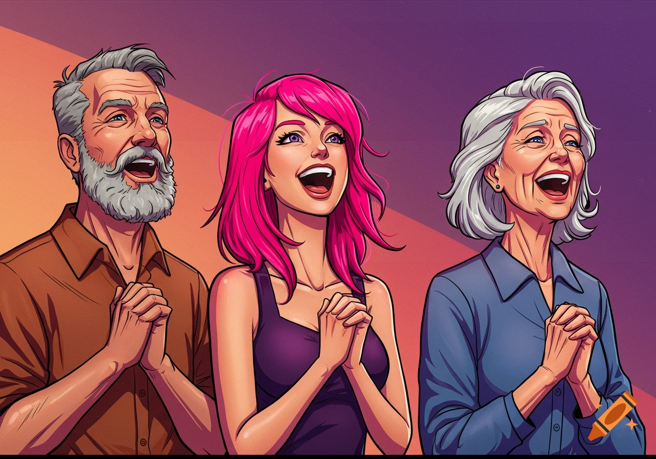 Three illustrated people, an older man, young woman with pink hair, and older woman, look upwards with clasped hands in praise.