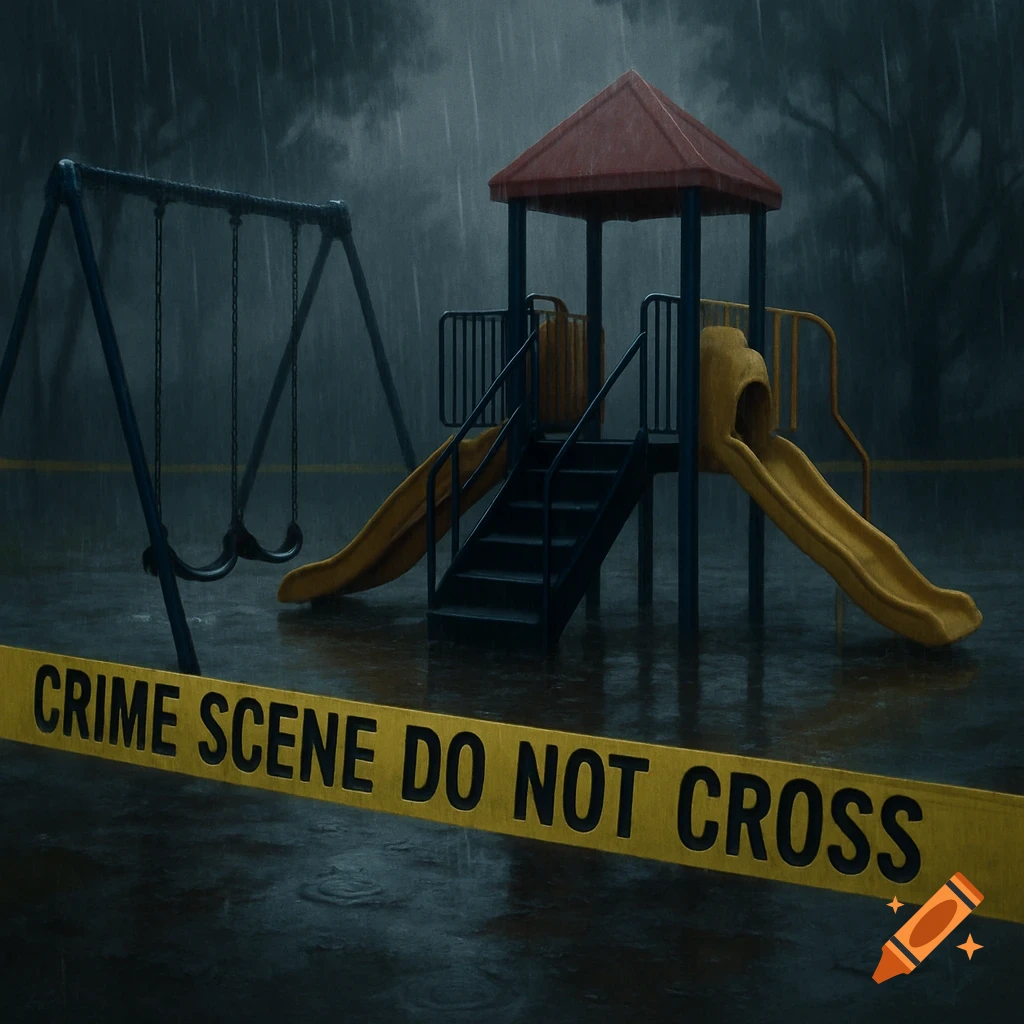 Crime scene tape blocks off a wet playground in heavy rain.