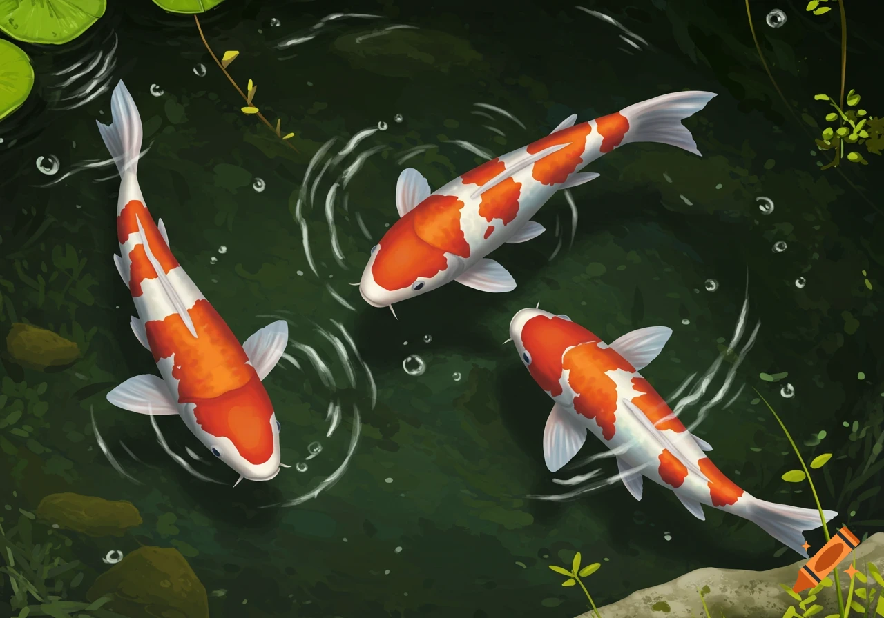 Three orange and white koi fish swim in a green pond with ripples and lily pads. Digital painting.