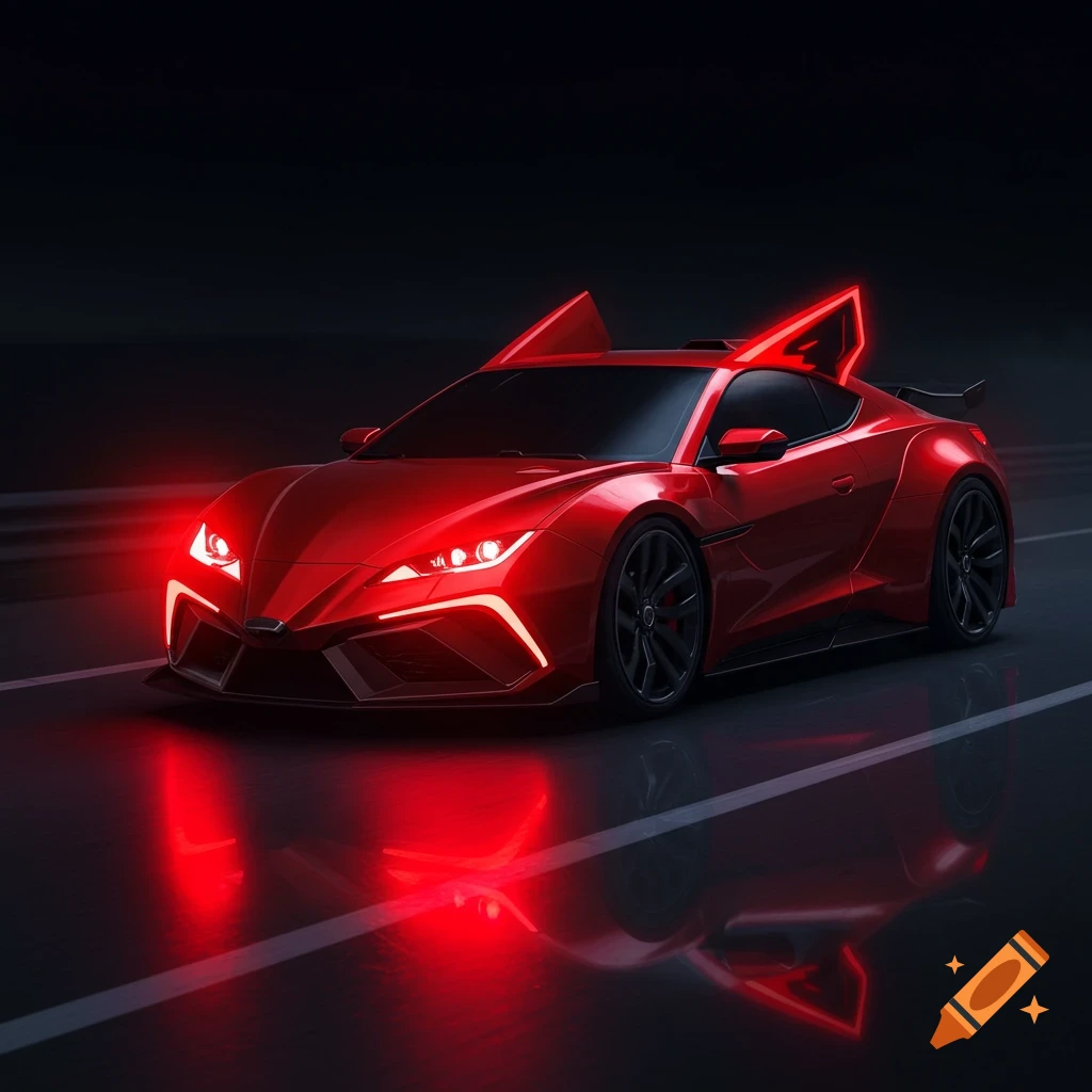 A futuristic red sports car with glowing red headlights and ear-like fins drives on a dark road.