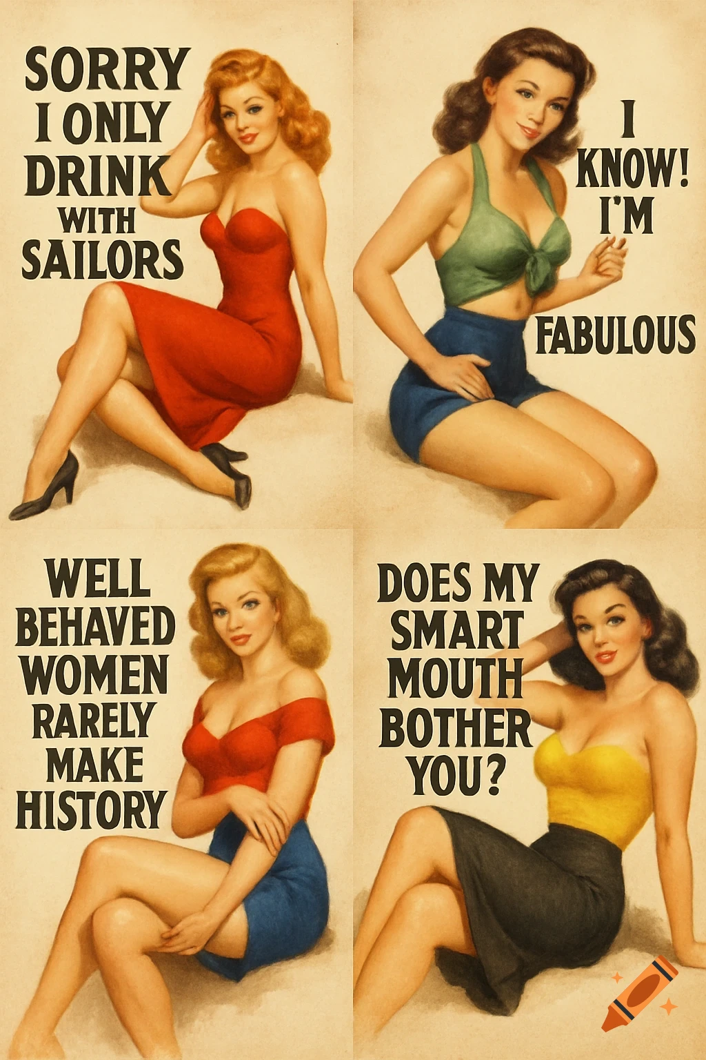 Four pin-up style illustrations of women with quotes.