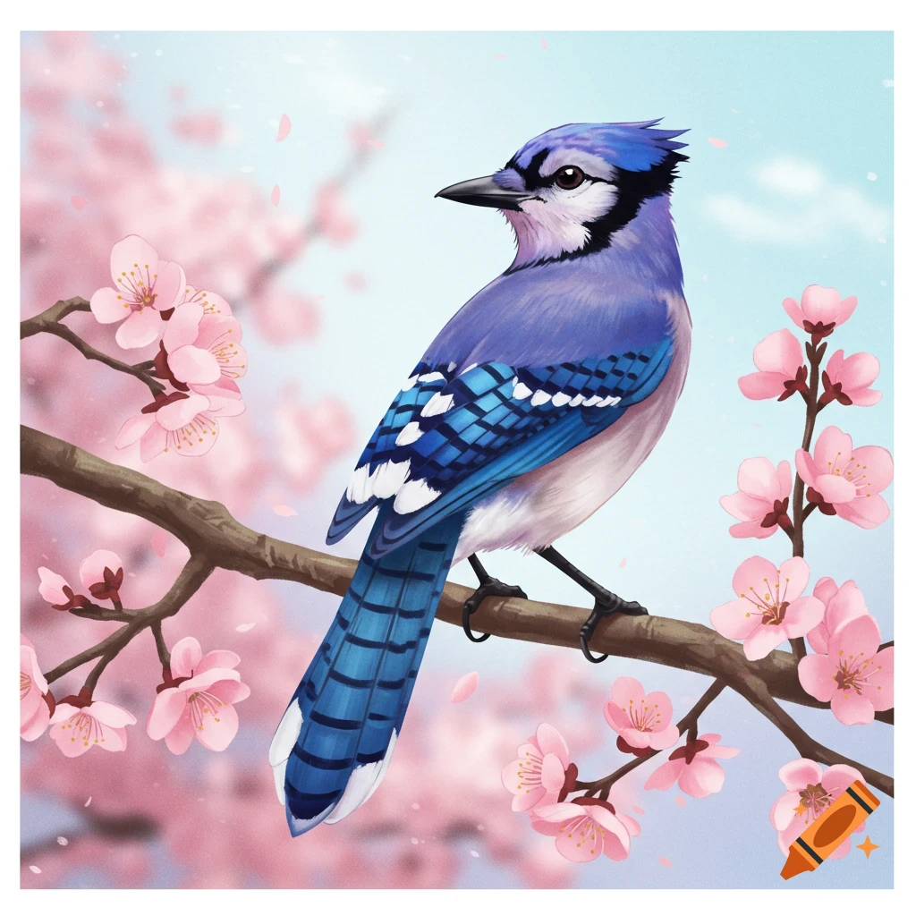 A blue jay sits on a branch among pink cherry blossoms.