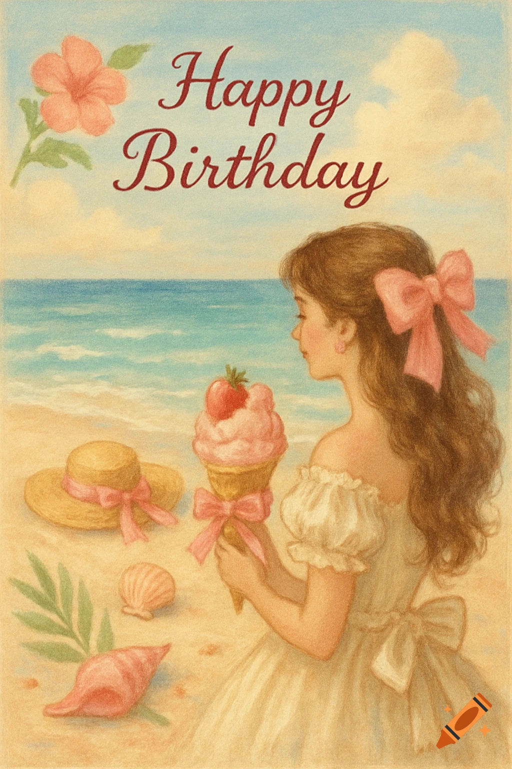 Pastel illustration of a girl with ice cream on a beach. Text says Happy Birthday.