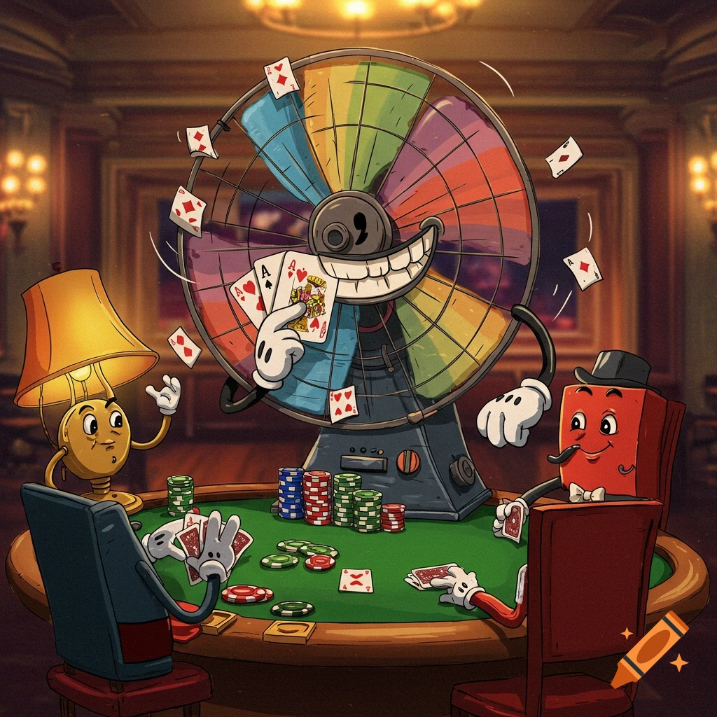 Cartoon illustration of anthropomorphic objects, a fan, lamp, and box, playing poker.