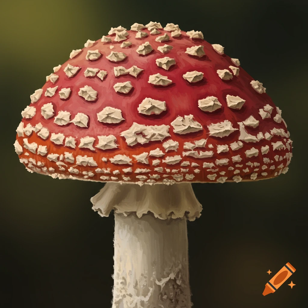 A painting of a red mushroom with white spots.