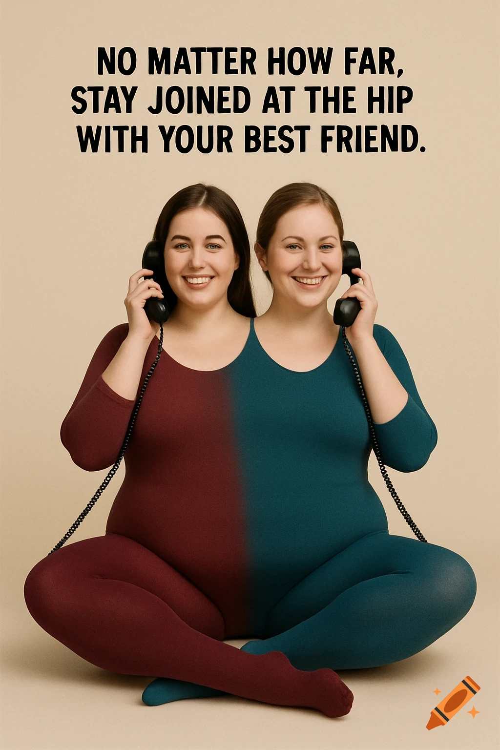 Two women fused into one body, wearing a split-color leotard, sit cross-legged holding phones with text above.