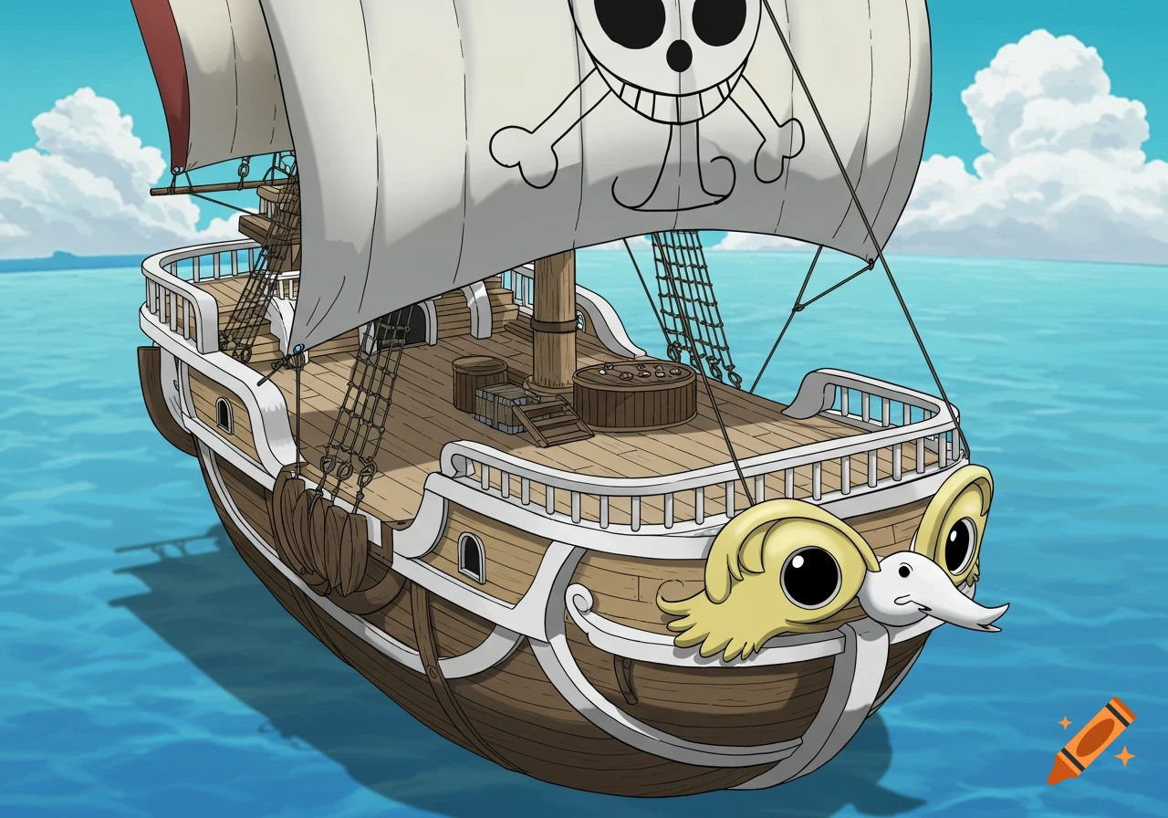 Anime style pirate ship with a sheep figurehead sailing on the ocean