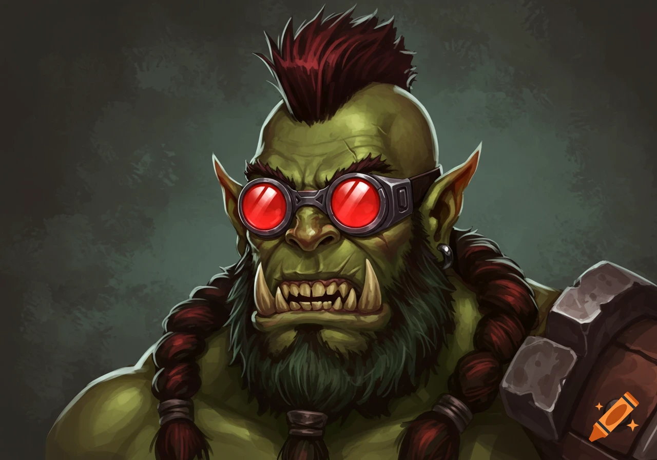 Cartoon portrait of an orc with red goggles, a beard, and a mohawk.