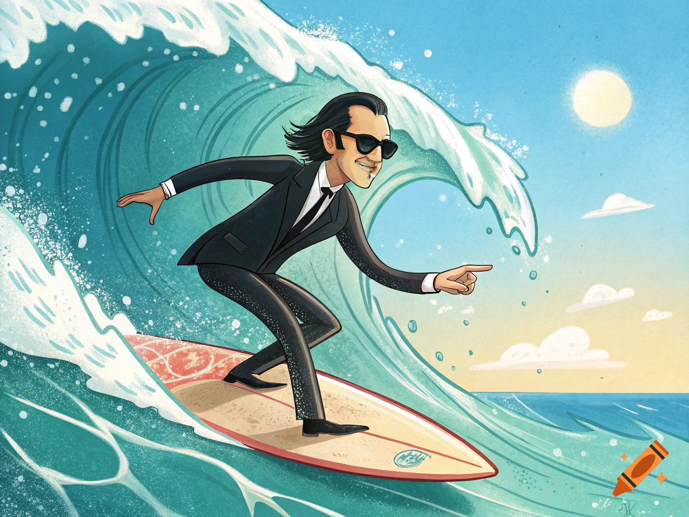 Cartoon illustration of a man in a suit surfing a large wave.