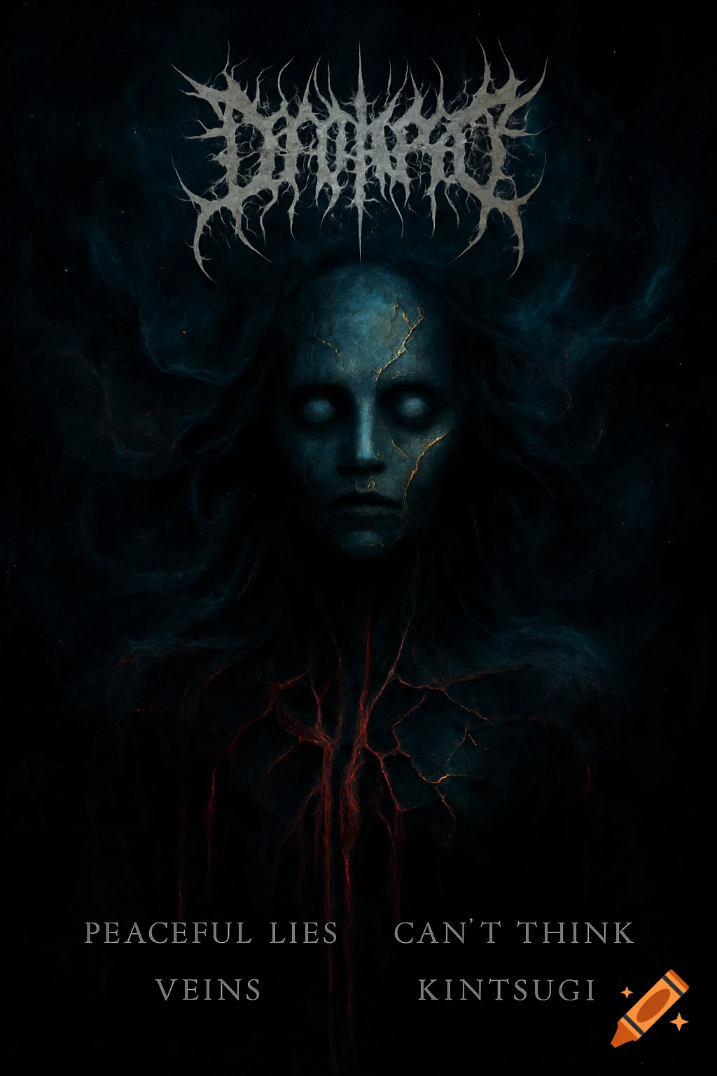 Dark, gothic album art featuring a figure with a cracked face and visible veins, with stylized text above and song titles below.