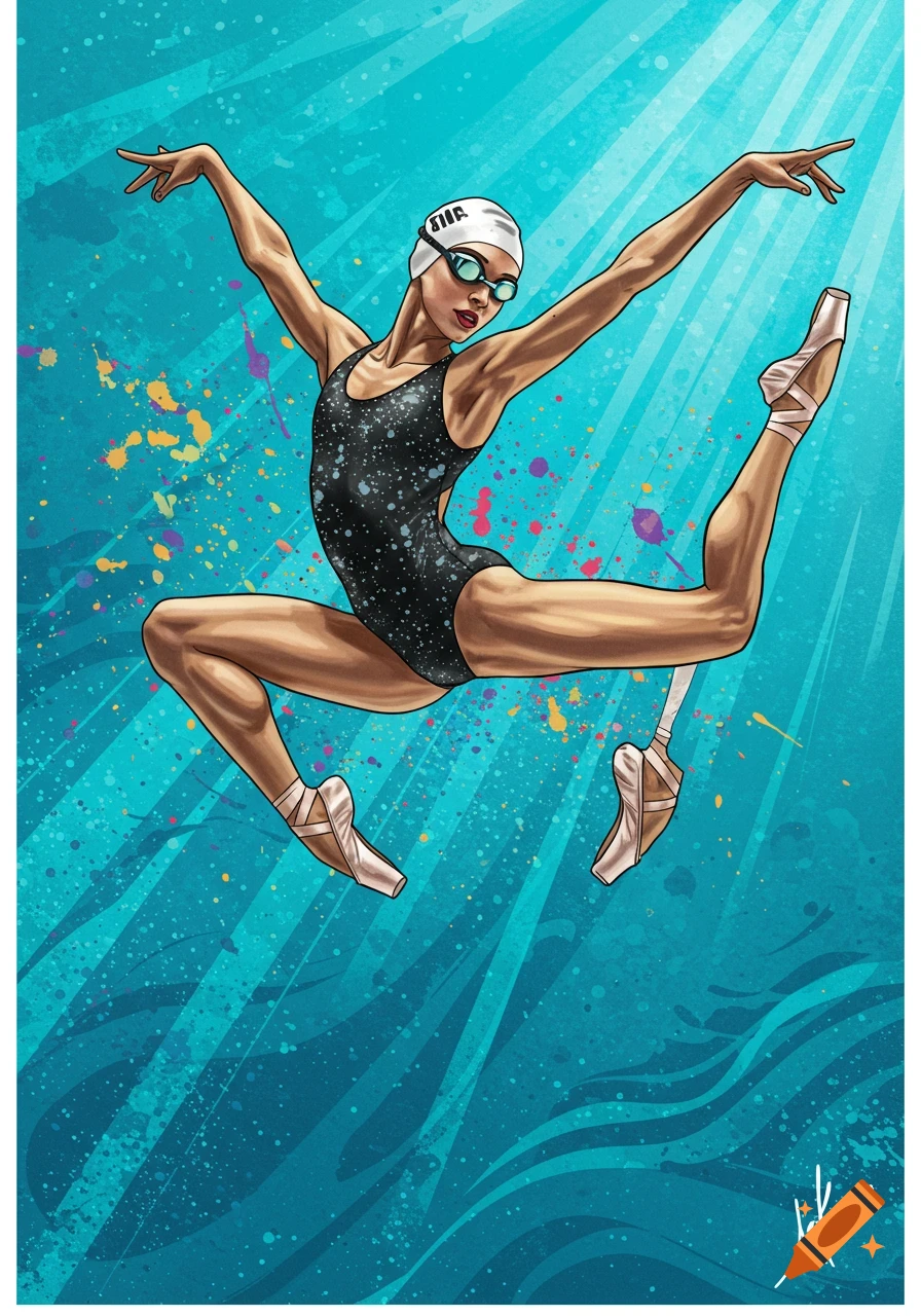 Illustration of a person in swim gear and ballet pointe shoes doing a dance pose against a splash background.