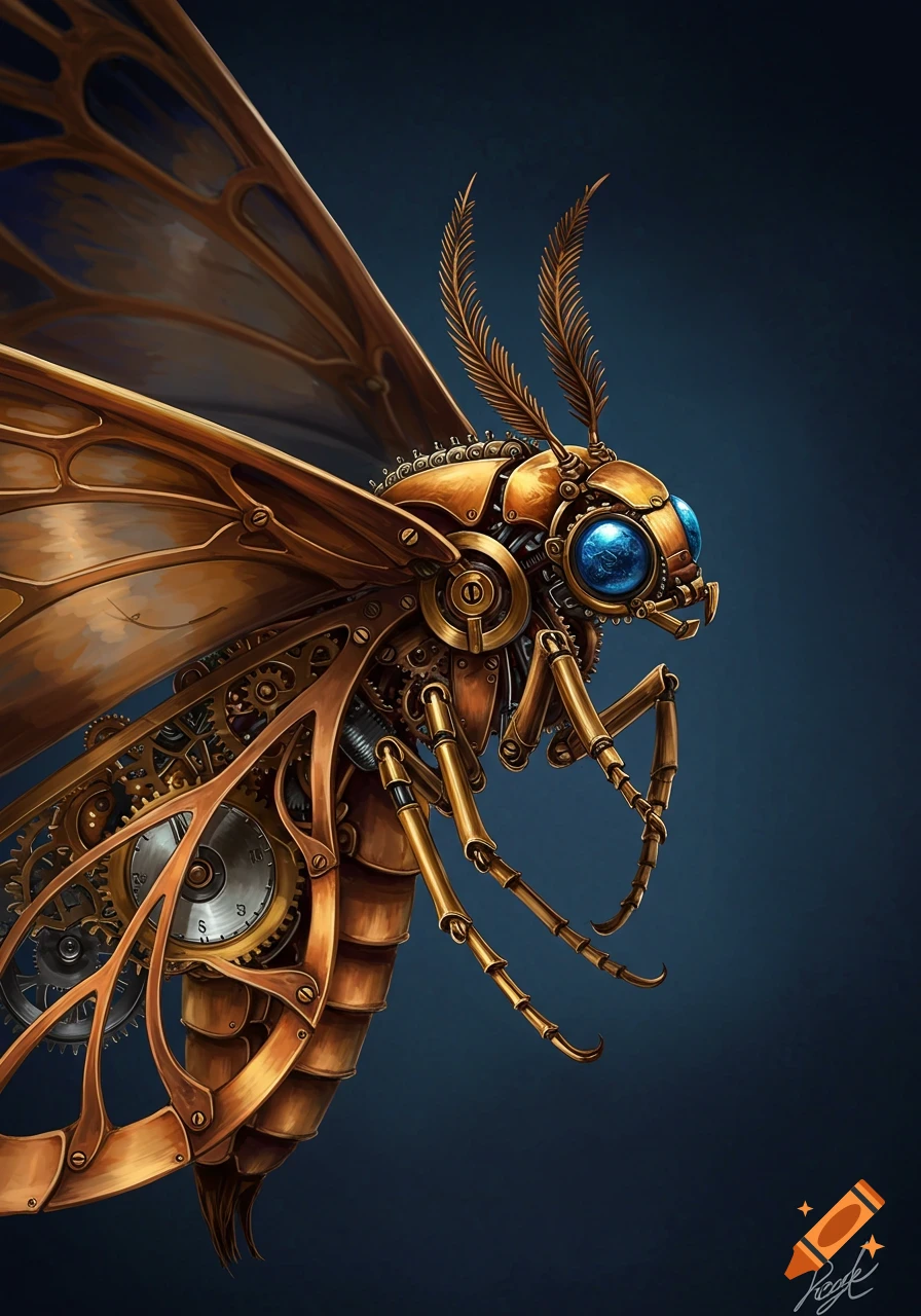 Detailed steampunk mechanical moth with gears