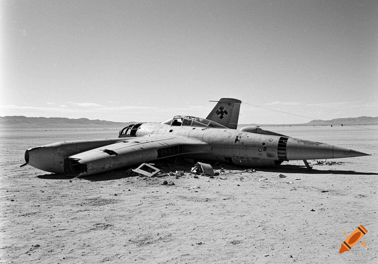 Black and white photo of a crashed futuristic aircraft wreckage in a desert landscape under a clear sky.