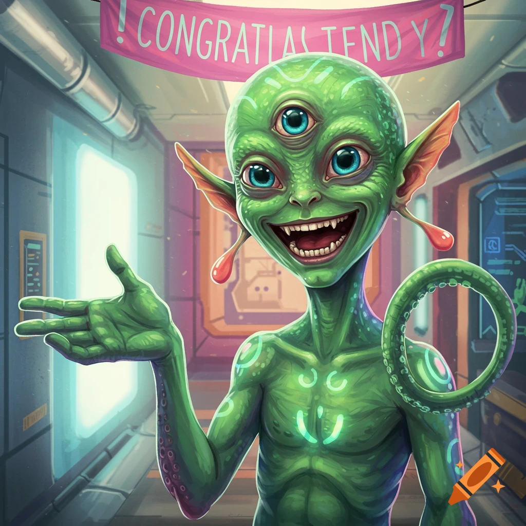 Green alien with three eyes and sharp teeth gestures in a spaceship corridor under a banner with text.