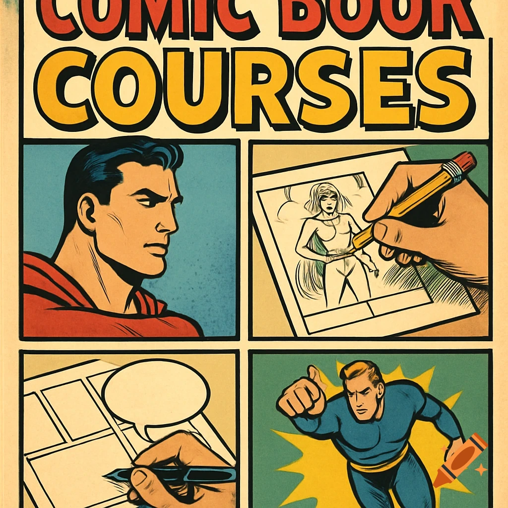 Comic book style panels showing a character, drawing, and the title 'Comic Book Courses'